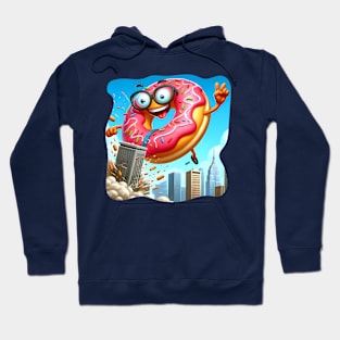 A giant donut crashing into a city with a silly expression Hoodie